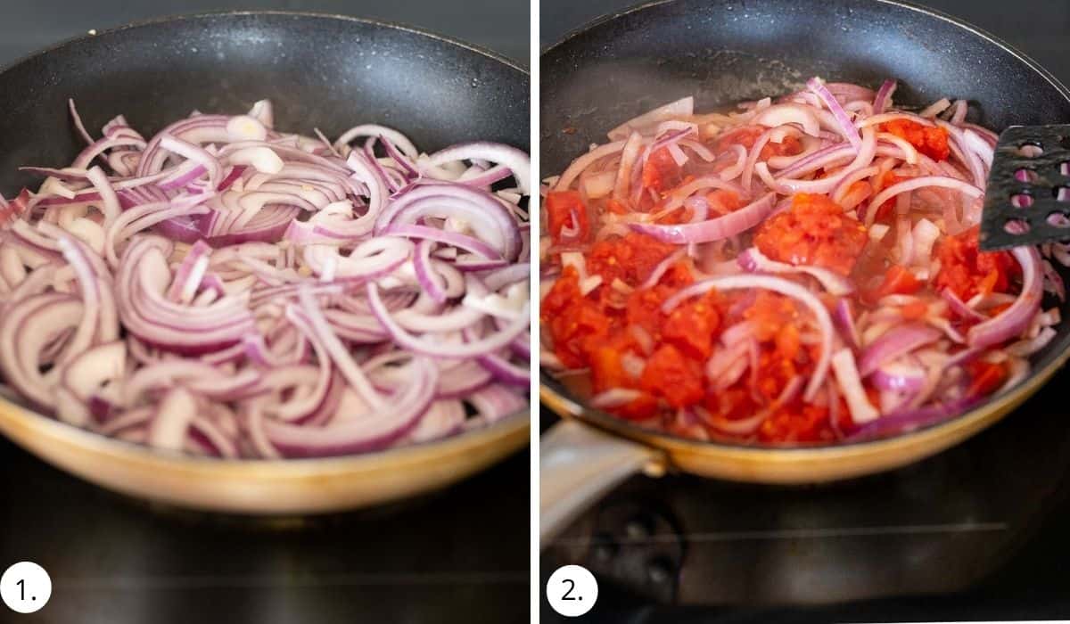 cooking red onions and tomatoes in a pan on the stove