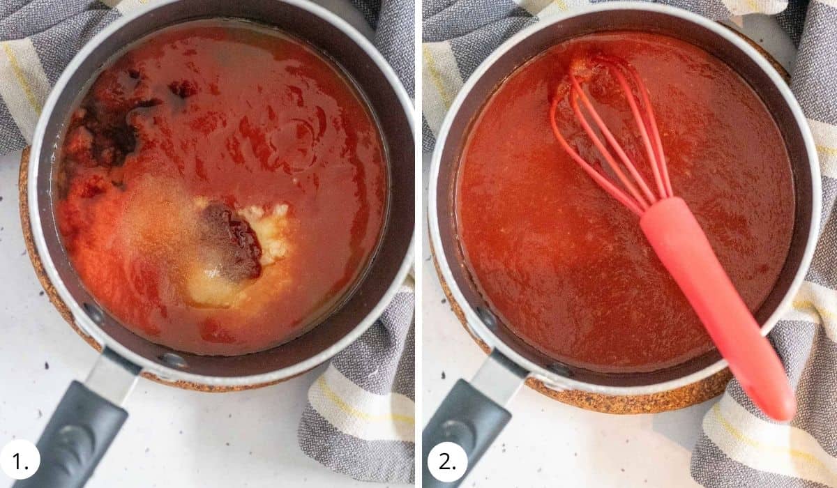 making sweet and sour sauce in a pot on stove