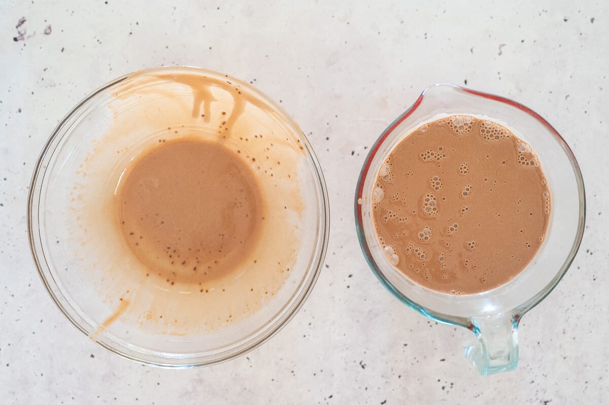 Strained panna cotta liquid in a jug