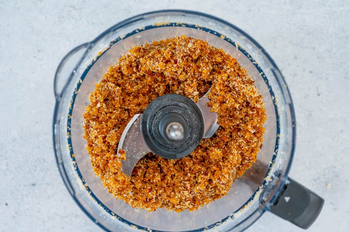 apricot bliss ball mixture blitz in a food processor
