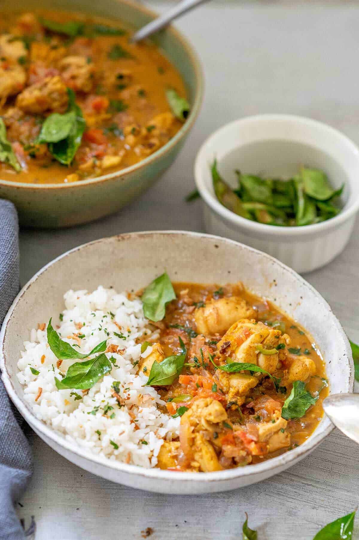 chicken kerala curry with rice and curry leaves