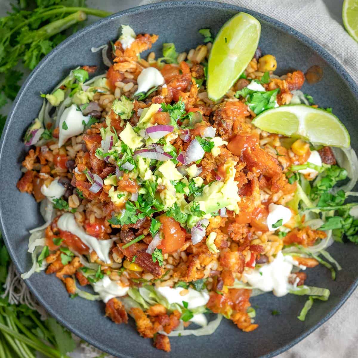 salmon burrito bowl with avocado and sour crem