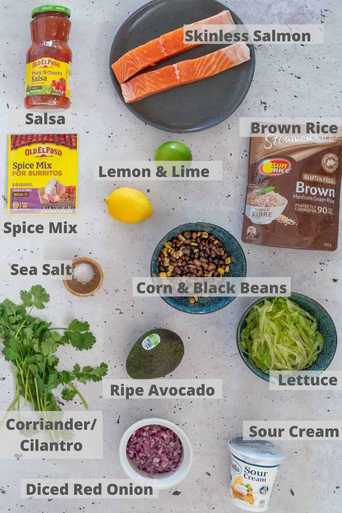 Ingredients for a salmon burrito bowl