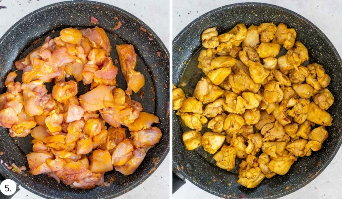 cooking chicken pieces in a pan