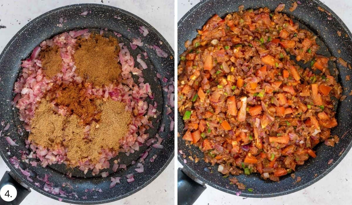 Adding spices and tomatoes to the onion mixture in a pan