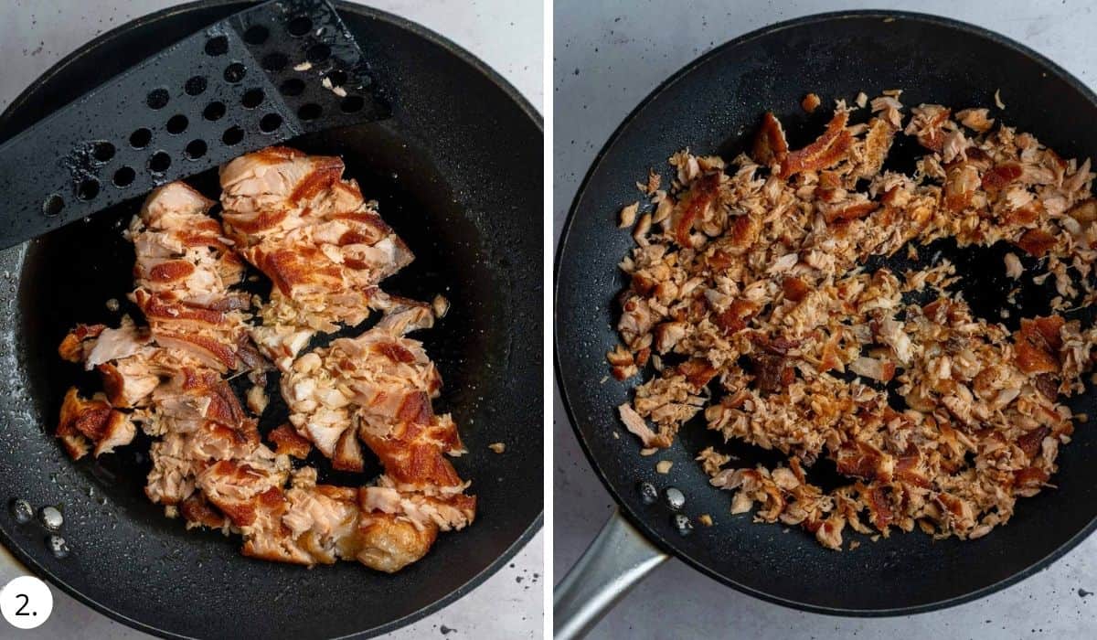 shredded salmon in a pan