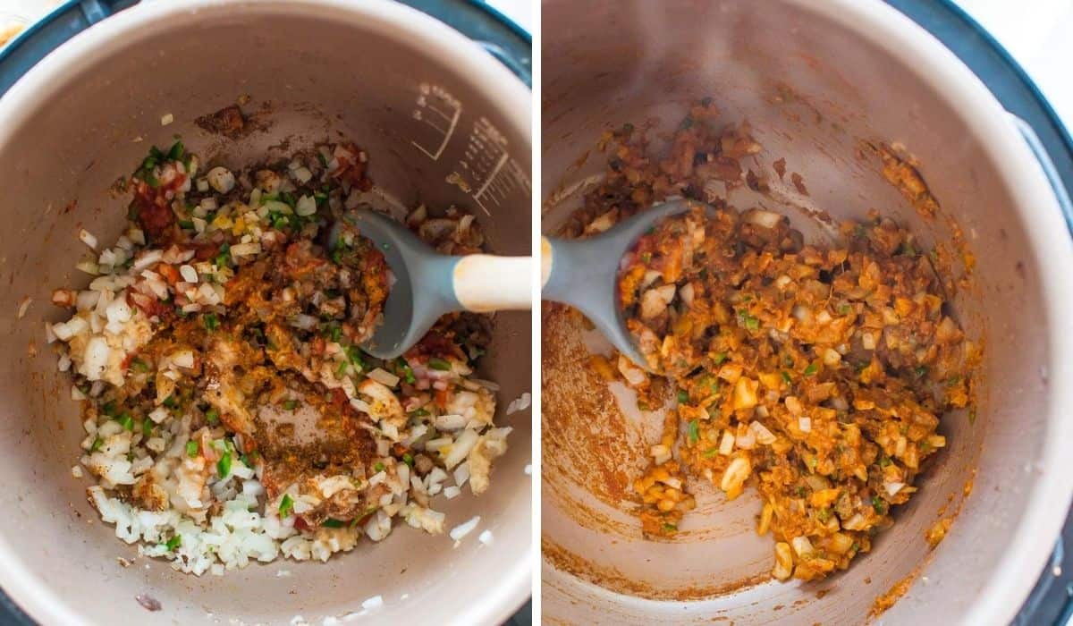 Cooking masala spicing in pressure cooker pot