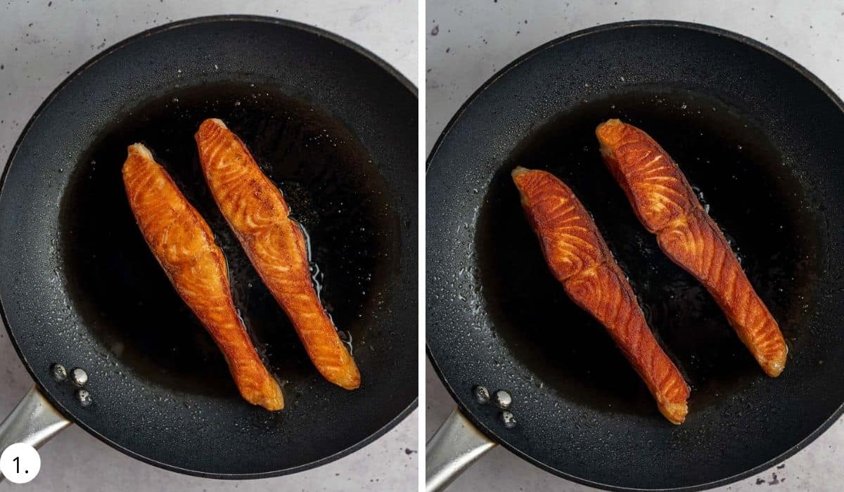 2 pieces of salmon cooking in a pan