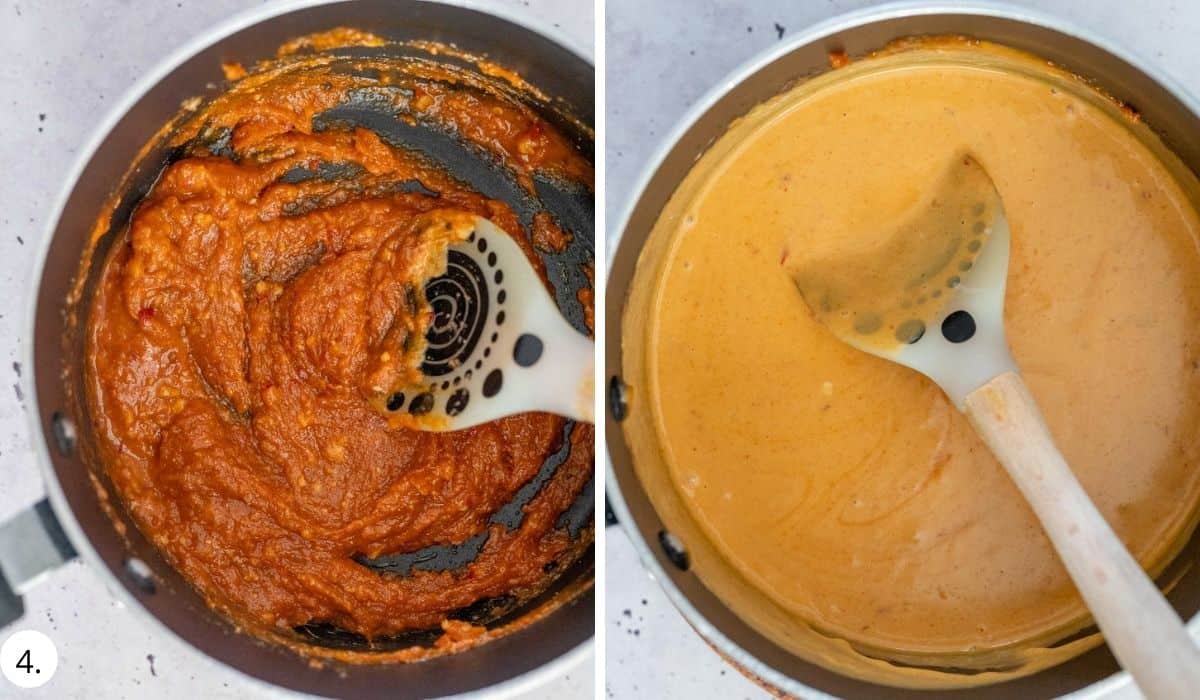 mixing in coconut milk to the satay sauce