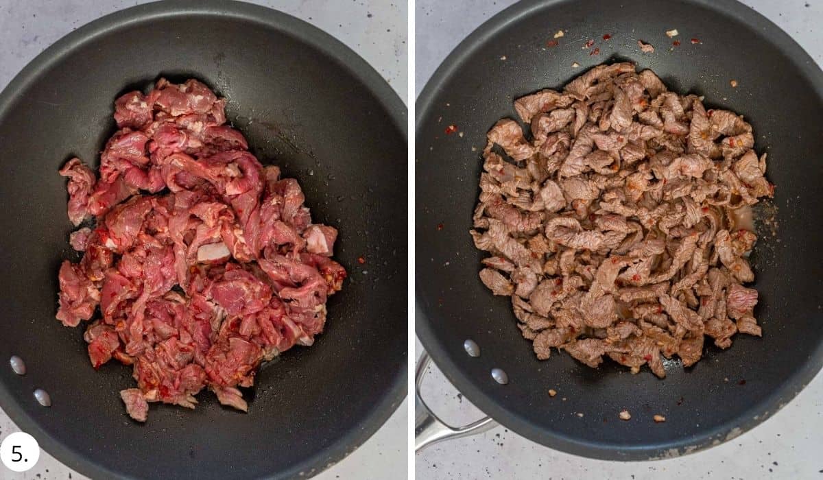 cooking beef strips in a wok