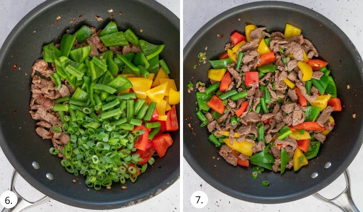 adding veges to beef in the wok