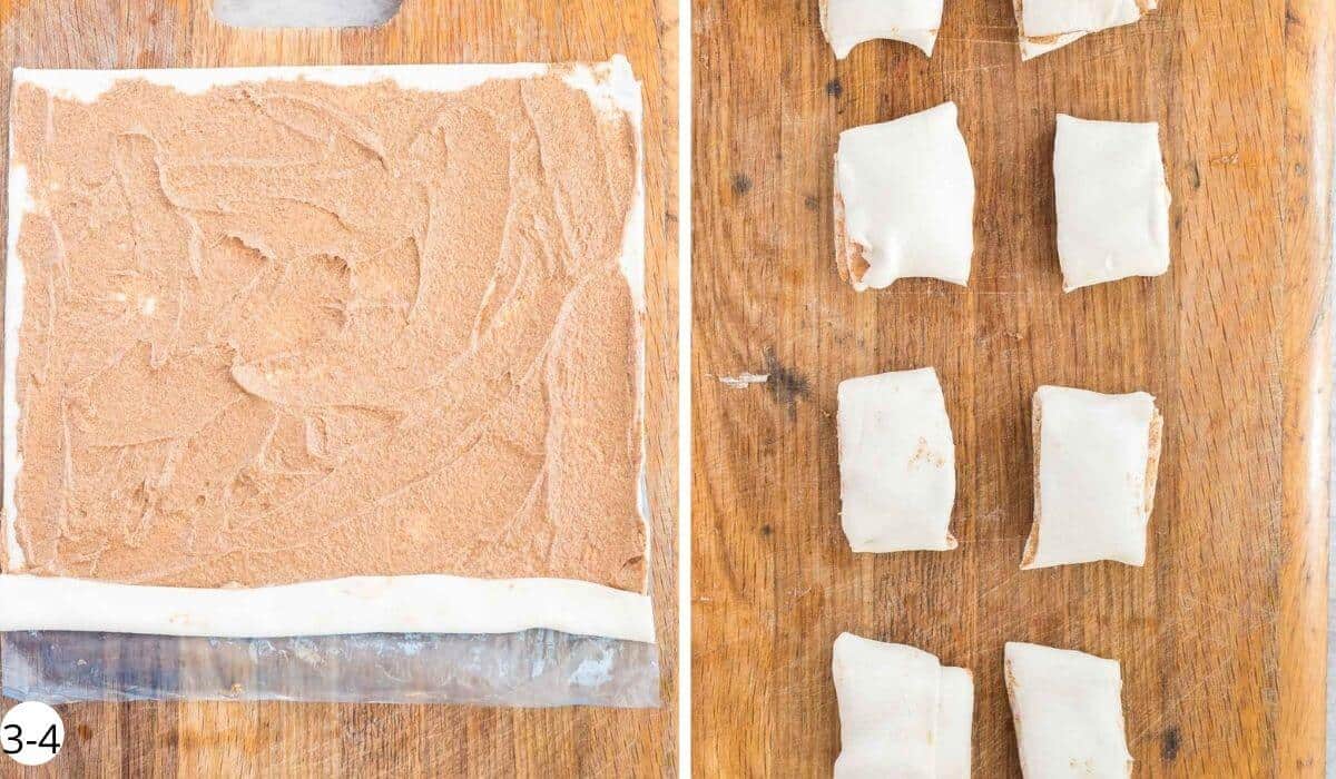 rolling cinnamon rolls into a log and slicing