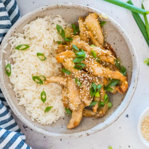 honey lemon chicken and rice in a bowl