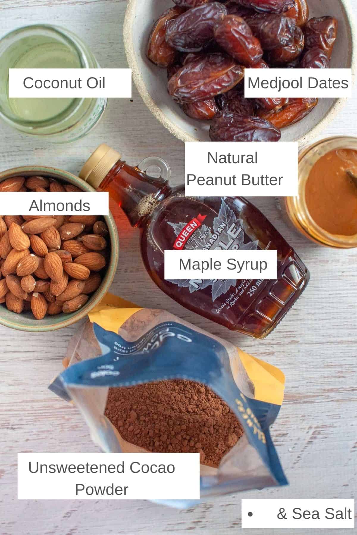 Ingredients for raw caramel slice on a bench