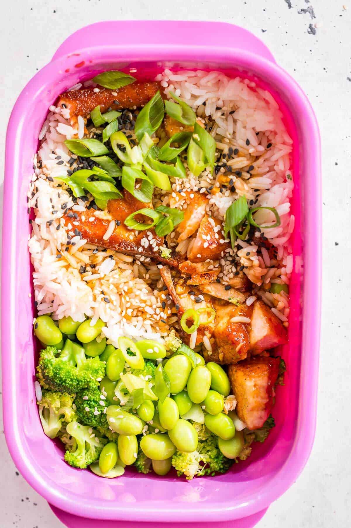 teriyaki chicken and rice in a meal prep container