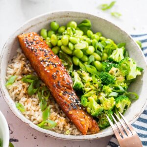 teriyaki salmon bowl with greens and rice