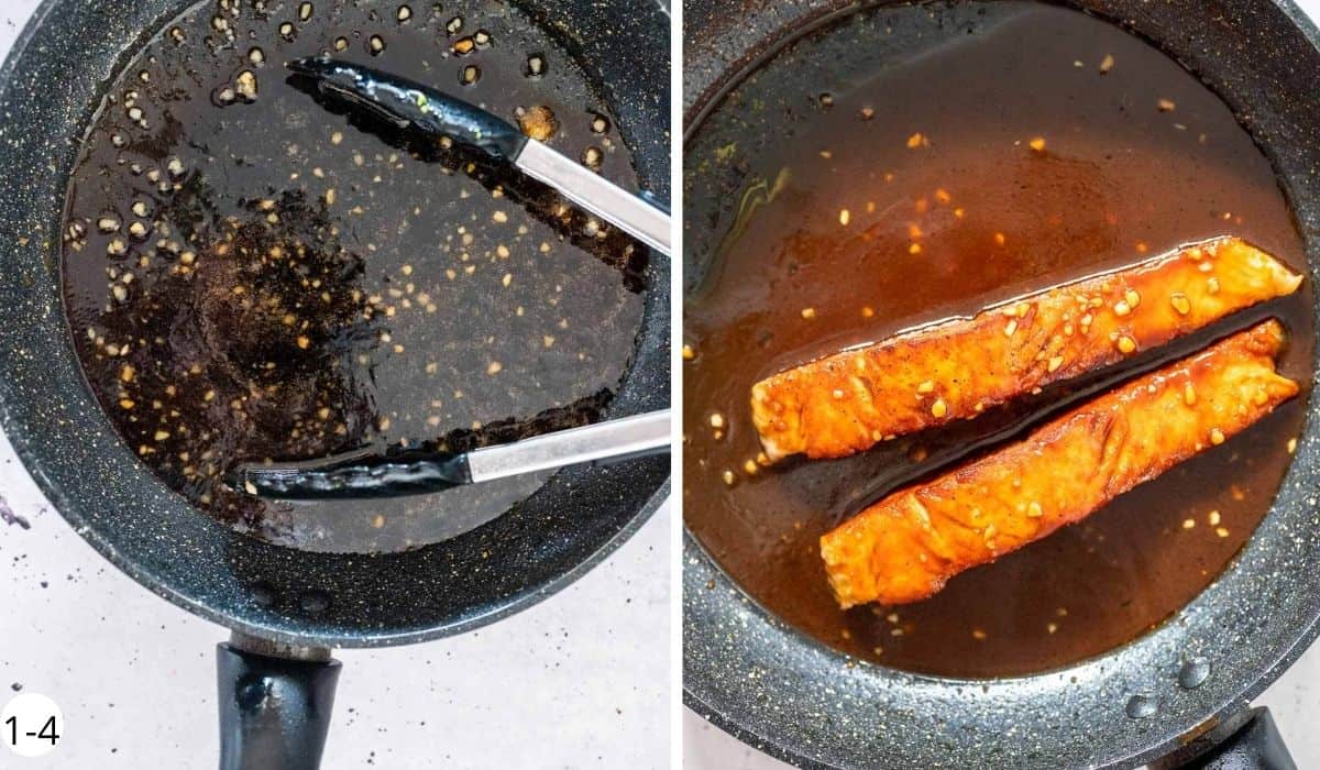 Making teriyaki sauce in a skillet on the stove and adding salmon