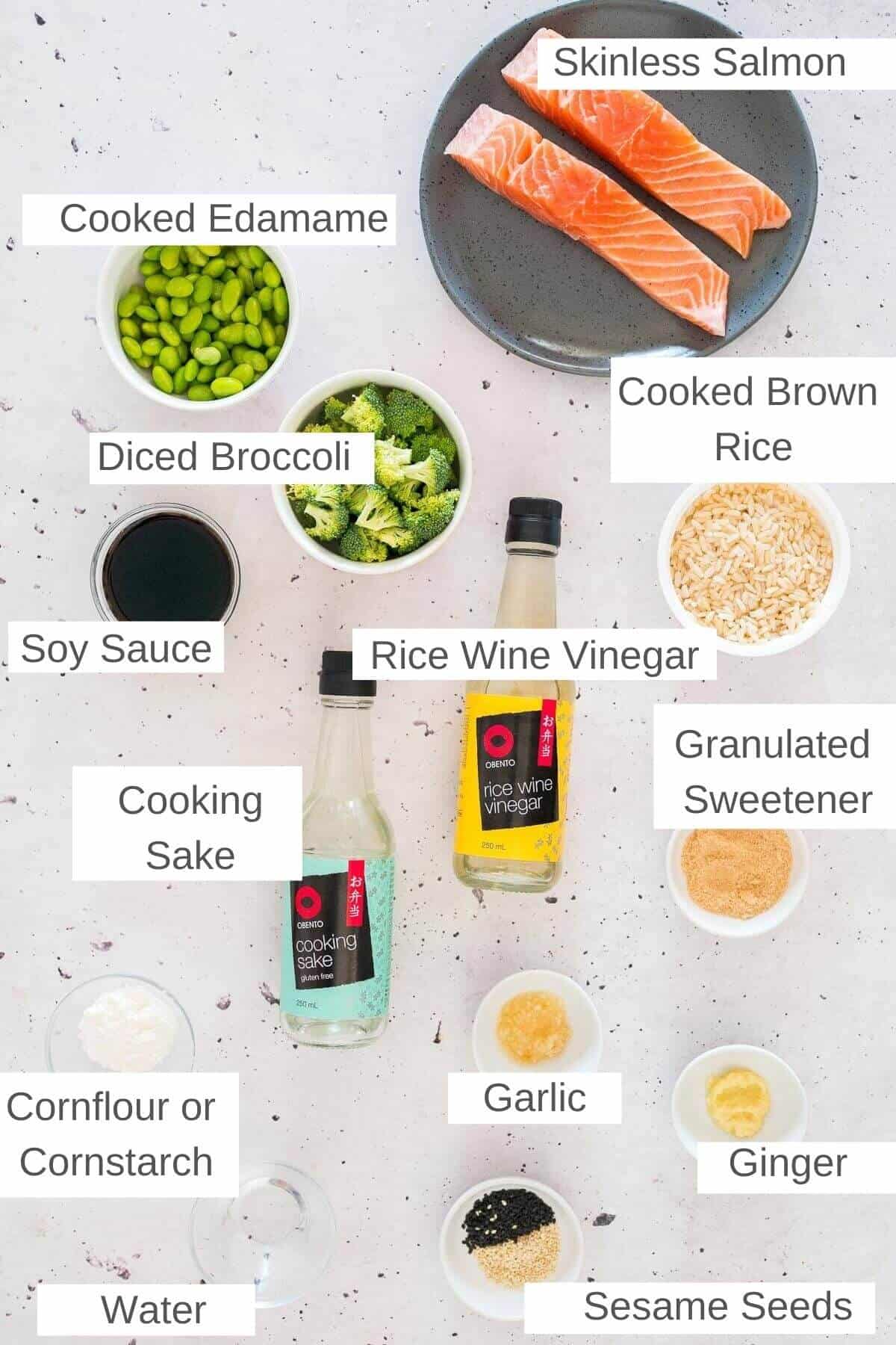 ingredients for teriyaki salmon bowls