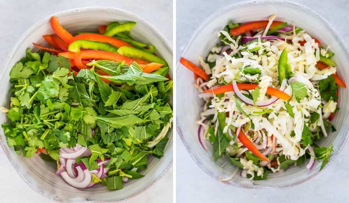 preparing salad ingredients in a salad bowl