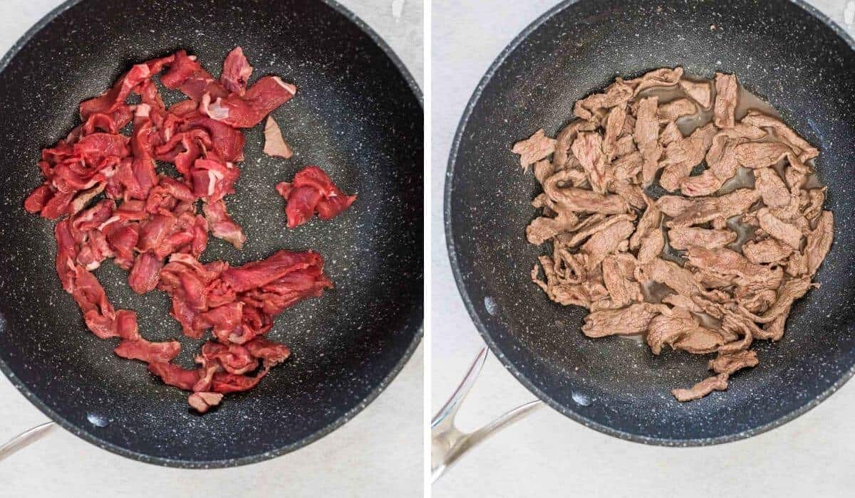 searing beef strips in a pan