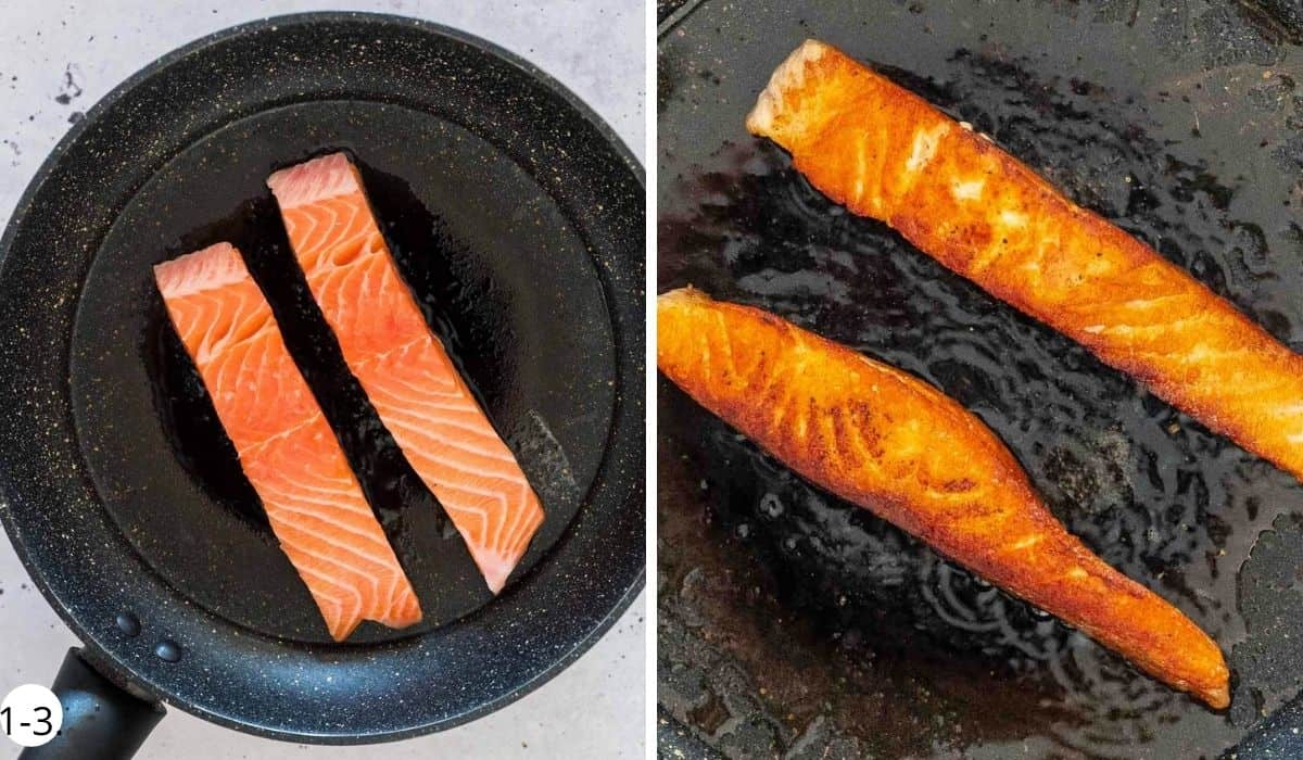Cooking salmon in a pan