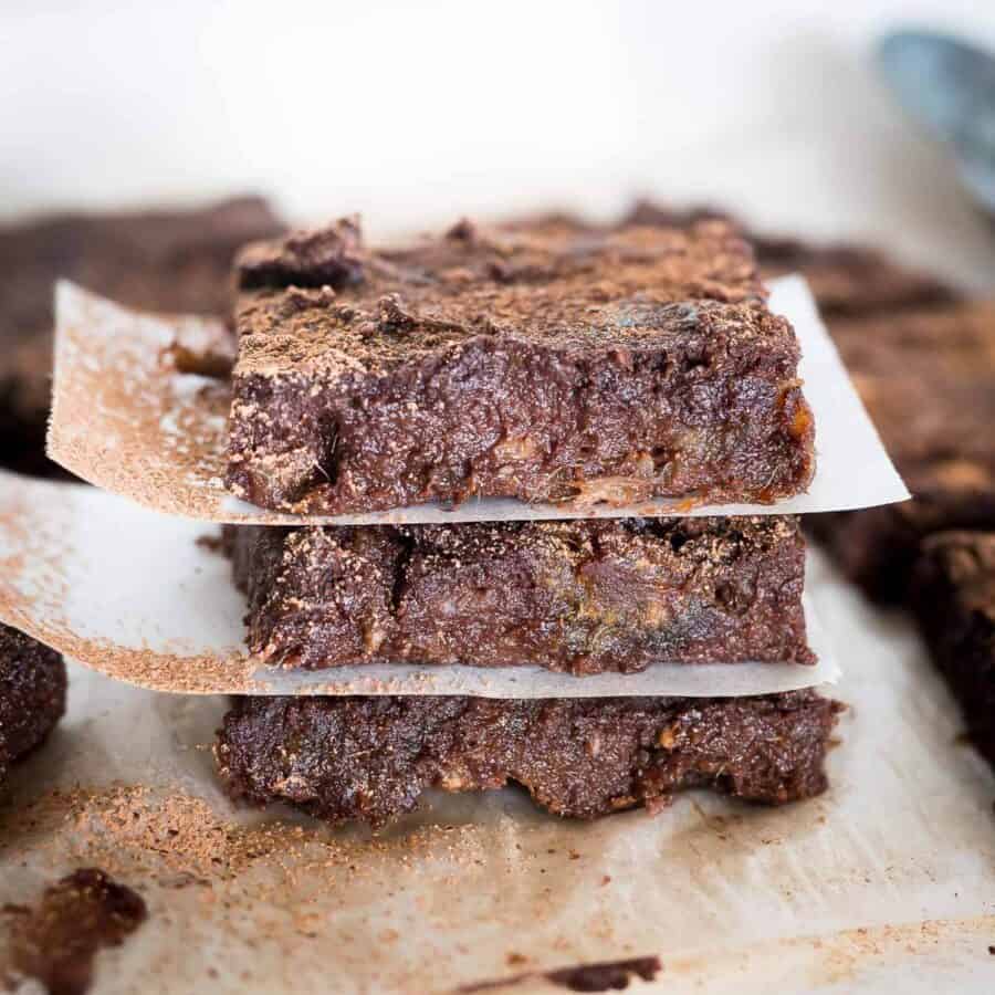 three chocolate banana brownies stacked 