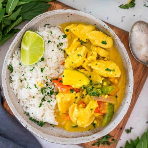 Coconut Chicken Curry and rice in a white bowl