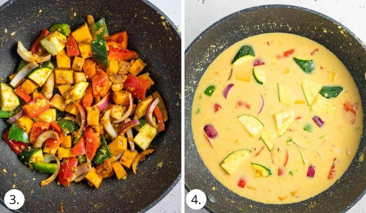 cooking vegetables in wok and adding coconut milk