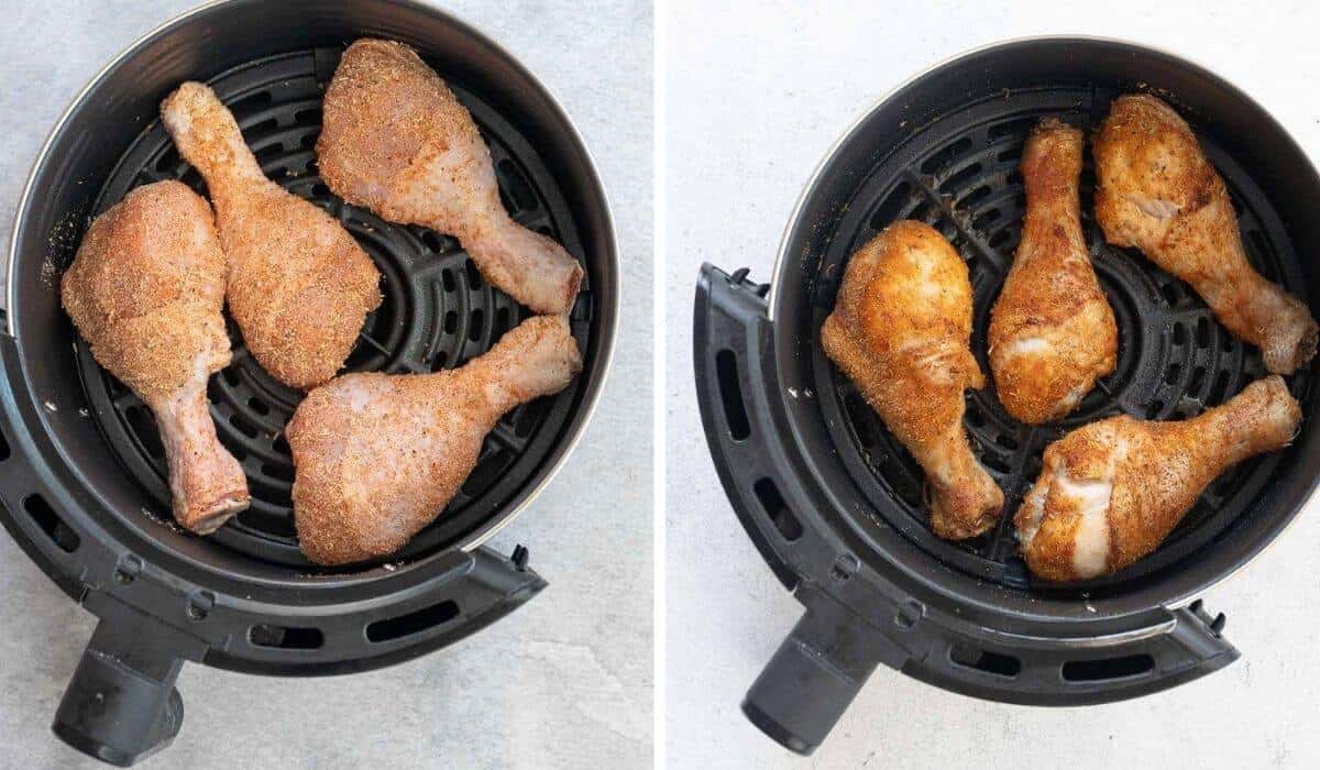 4 chicken drumsticks cooking in a air fryer, before and after