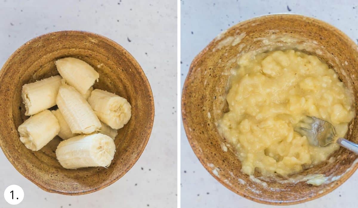 mashing banana in a bowl with fork