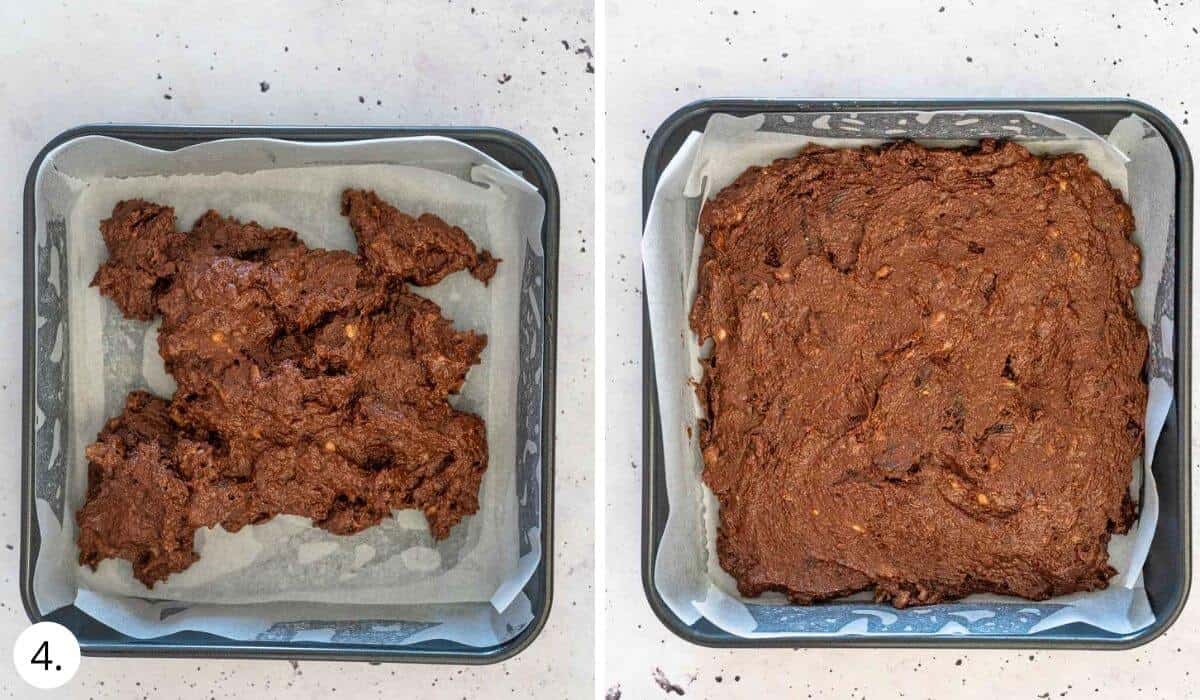 spreading brownie batter into square baking tin