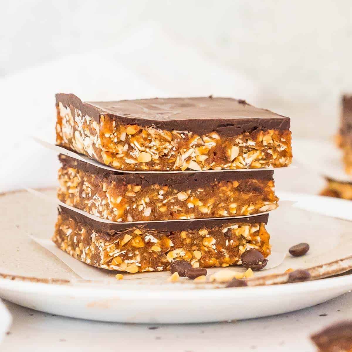 3 stacked No Bake Chocolate Peanut Butter Oat Bars