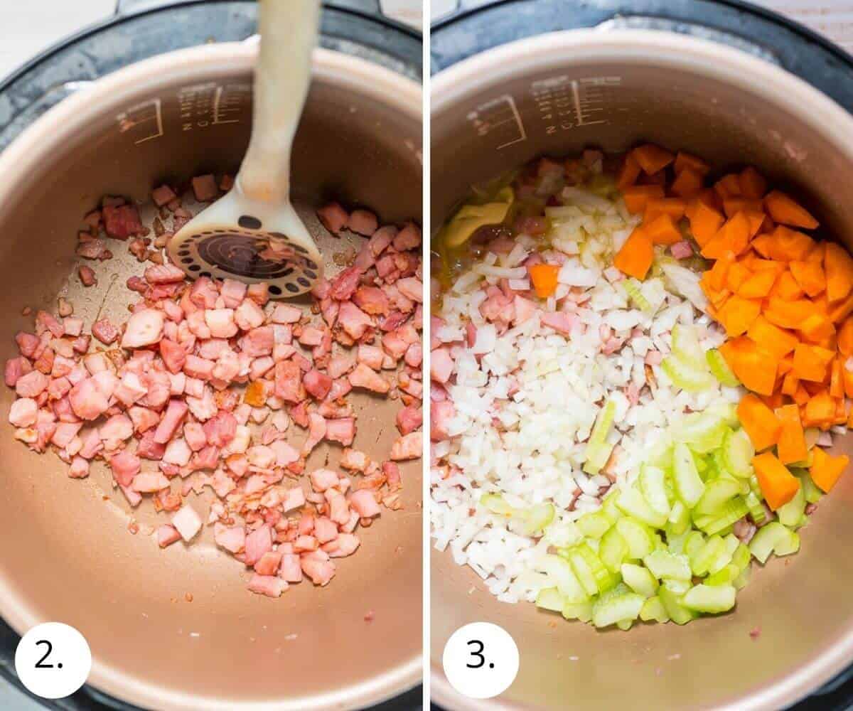 bacon bits, onion, celery, carrot and onion in inner pot of pressure cooker