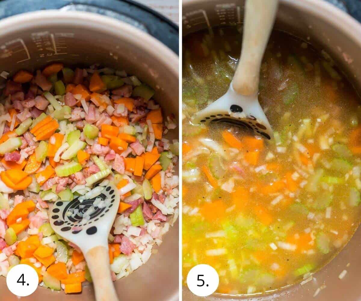 green split peas and bacon soup in pressure cooker with a spoon stirring