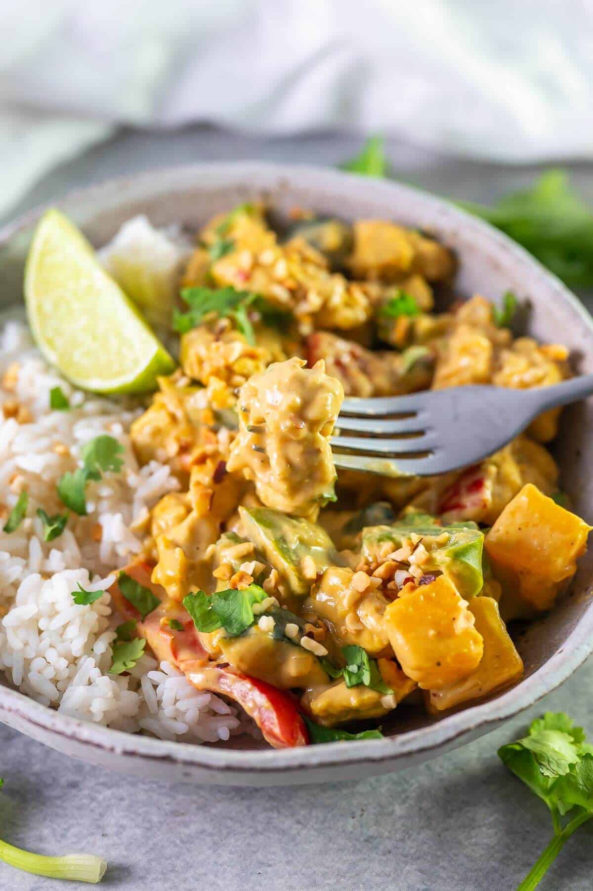 piece of chicken satay curry on a fork