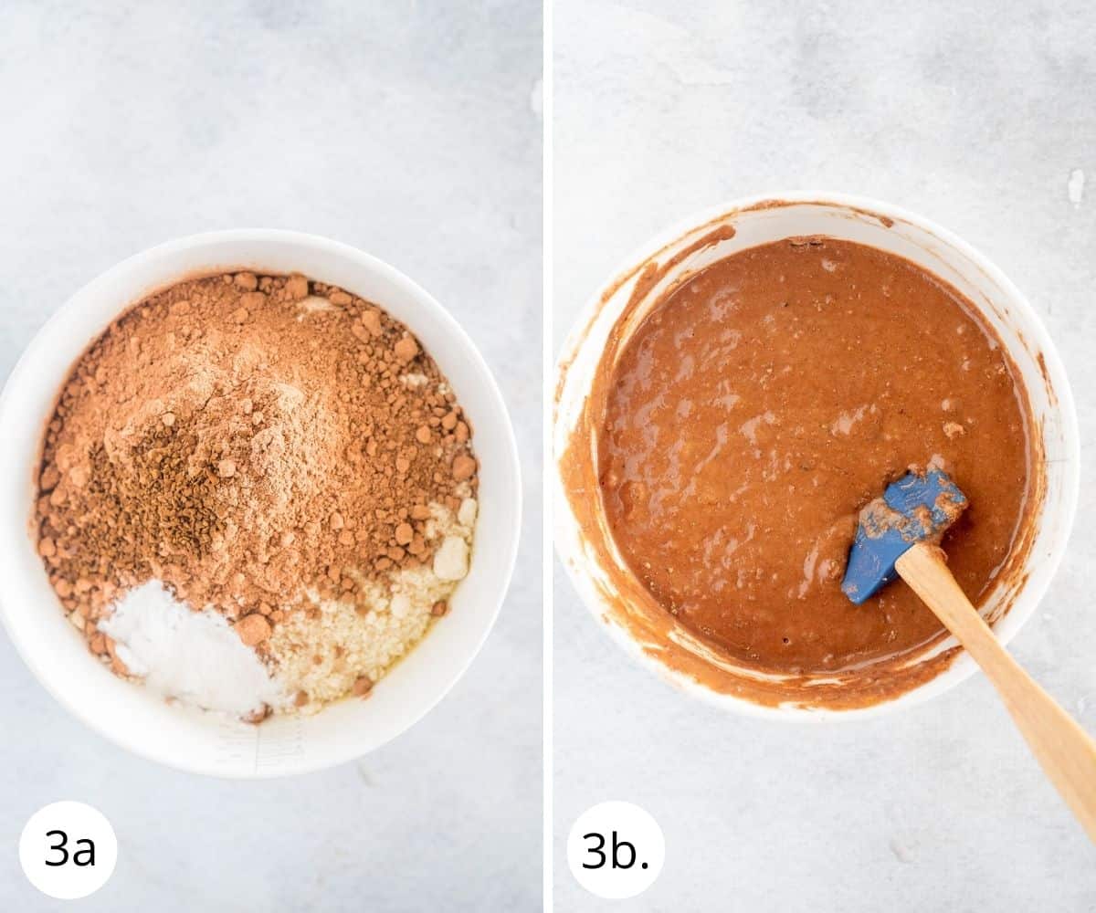 Mixing wet ingredients into dry ingredients in a bowl