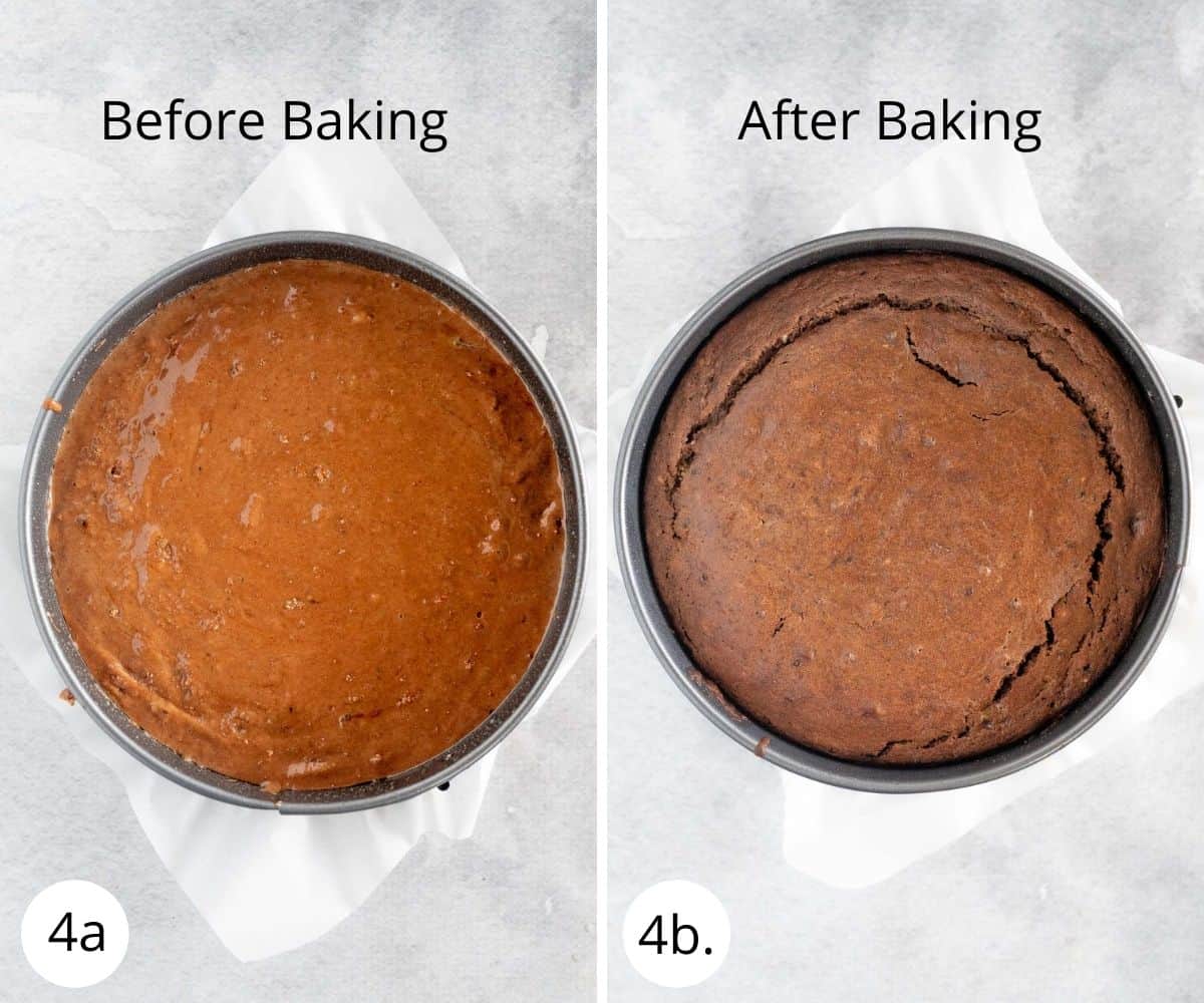 chocolate cake before and after baking