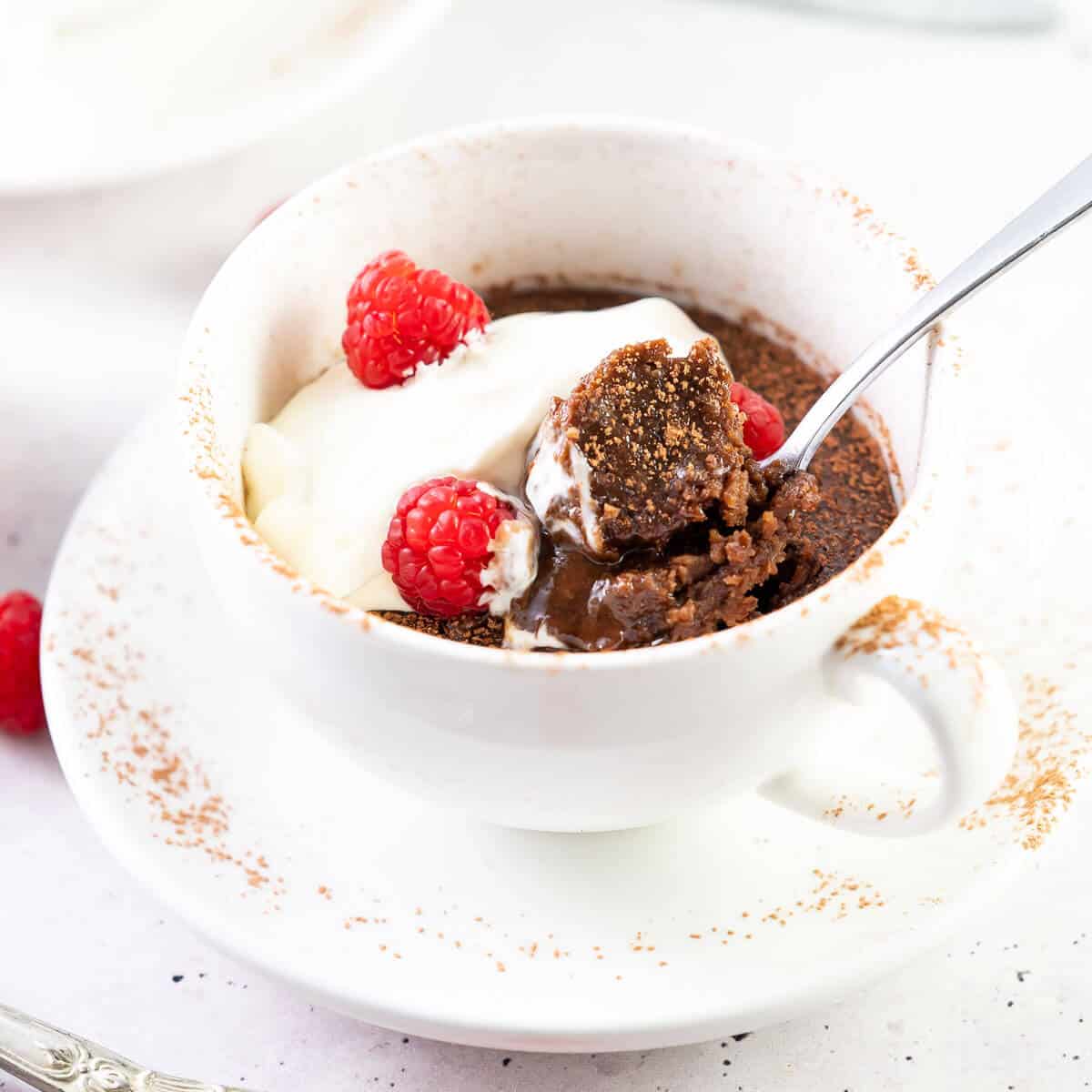 chocolate peanut butter mug cake with cream and spoon dipped in