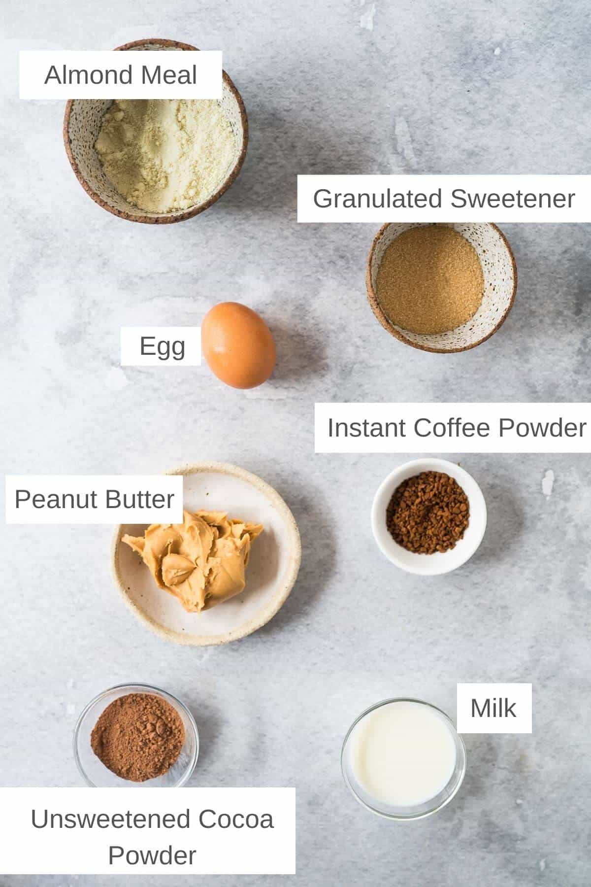 ingredients for chocolate peanut butter mug cake