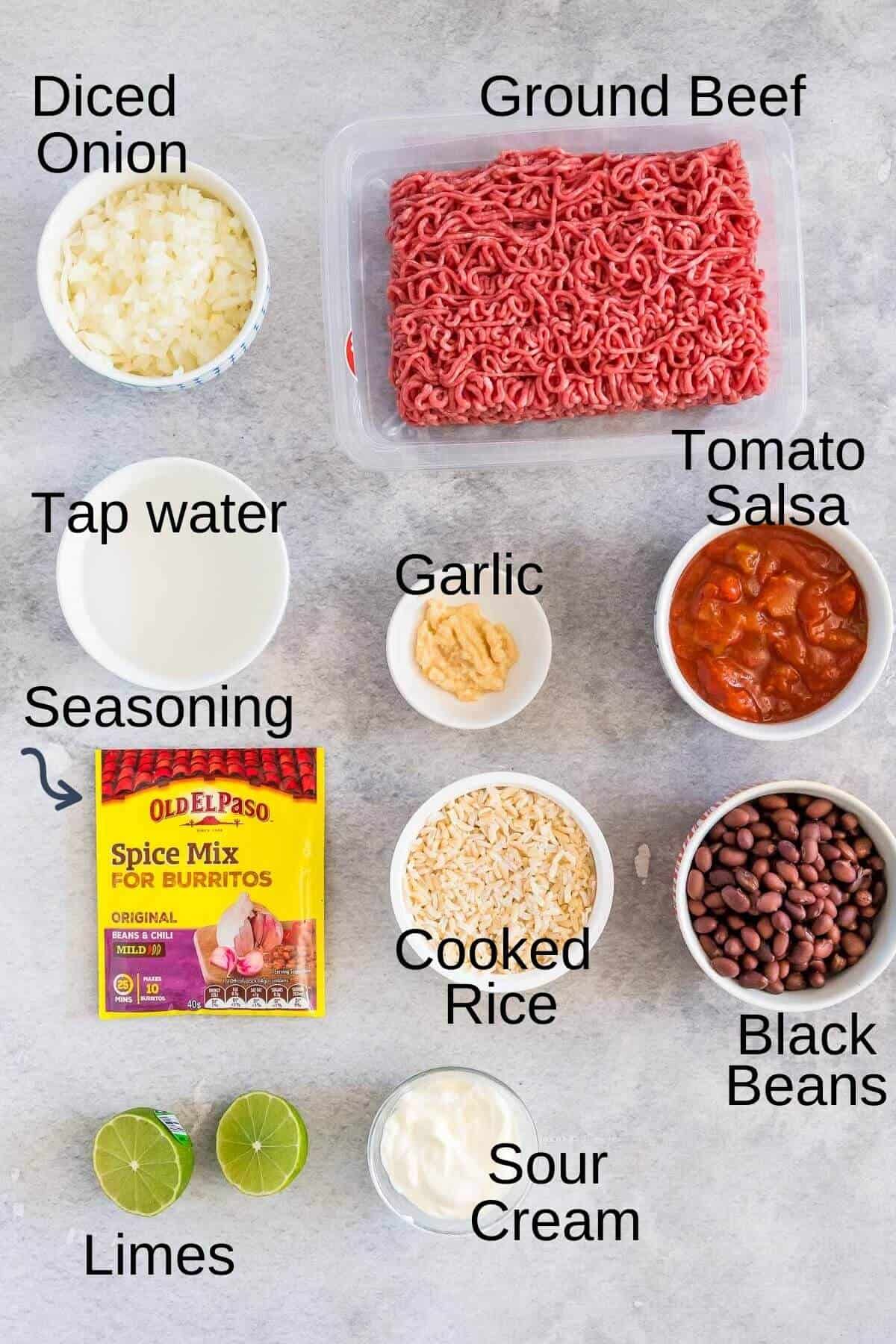 Ingredients for burrito bowl meat sauce