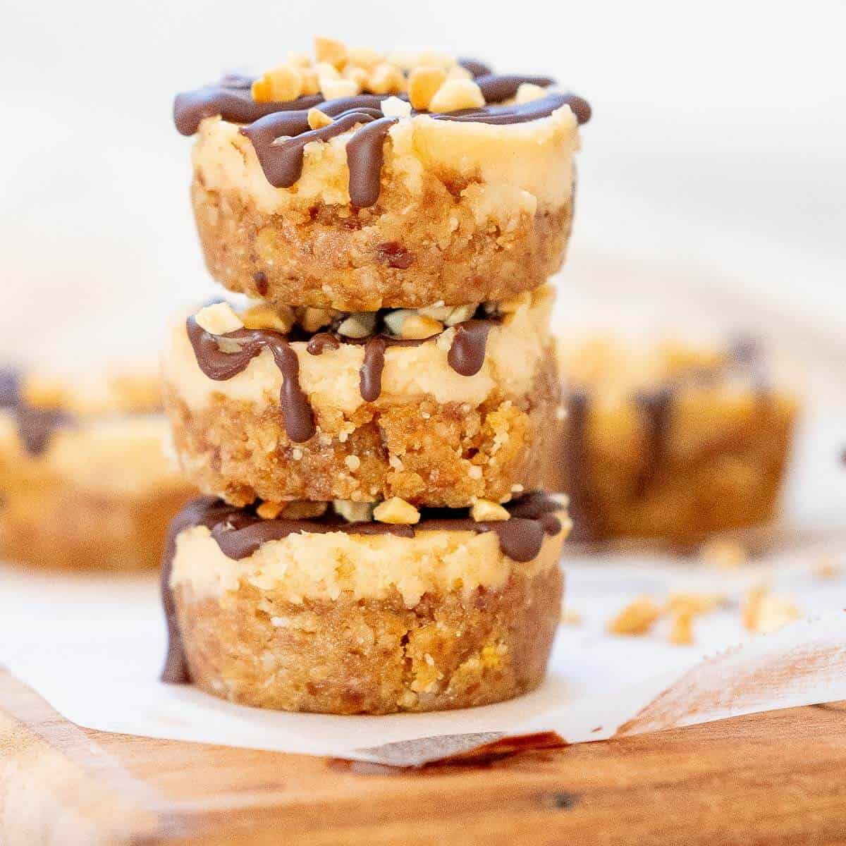 a stack of 3 mini peanut butter cheesecakes