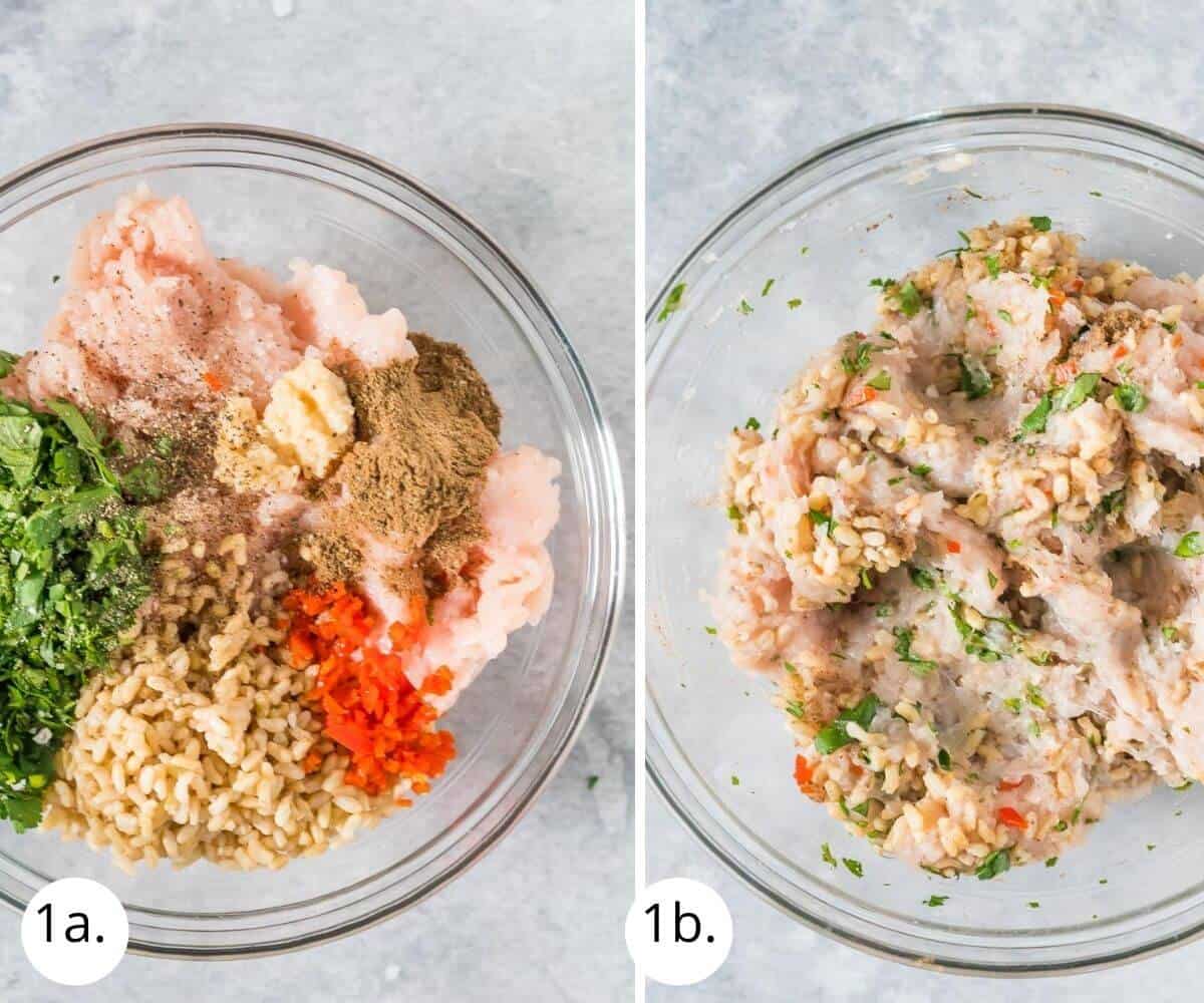 mixing chicken mince, rice and herbs in a bowl
