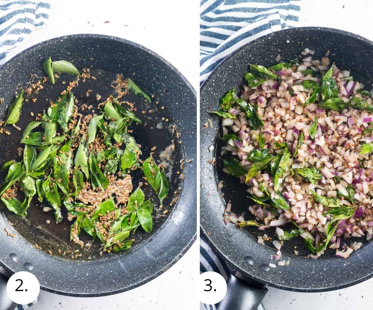 curry leave, coriander and cumin seeds frying in a pan