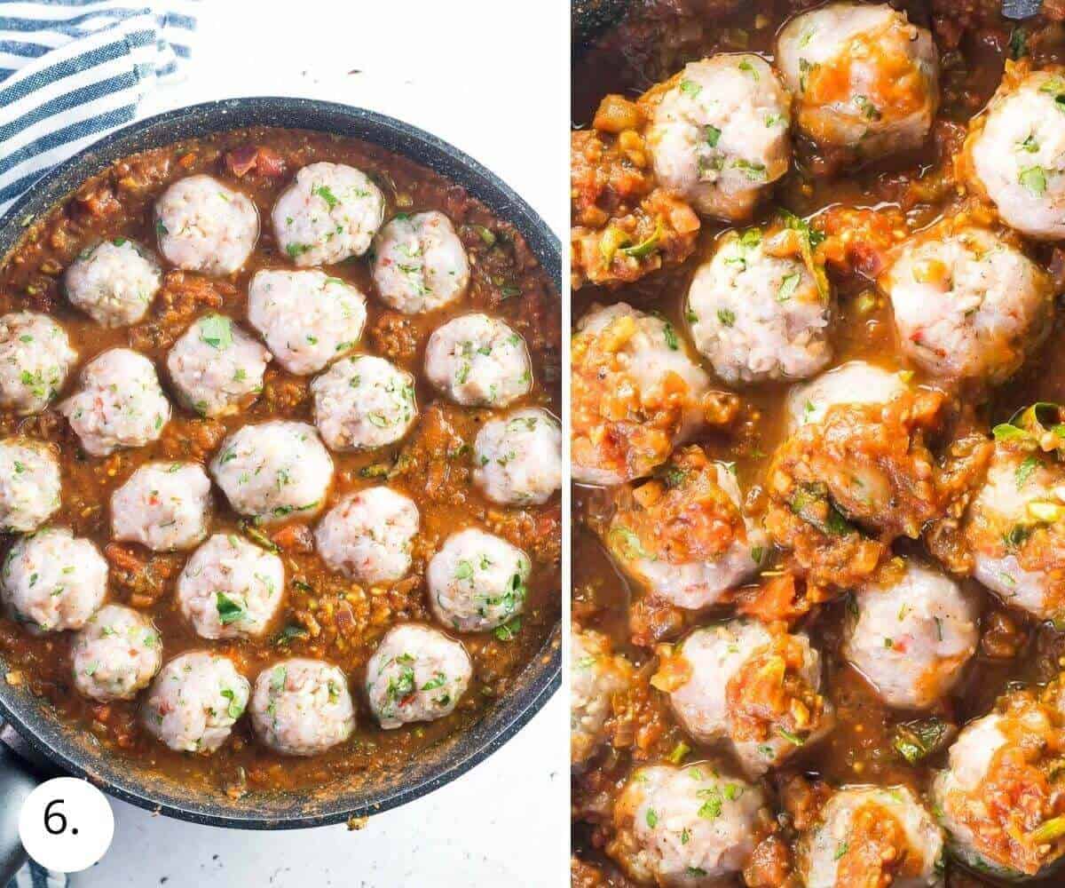 meatballs cooking in curry sauce in a pan