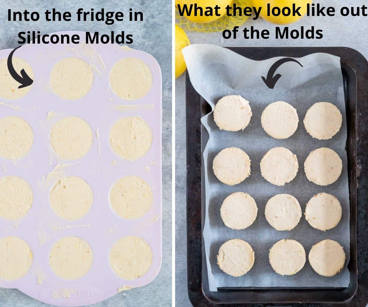 cheesecakes in silicone mold, before they are refrigerated and after