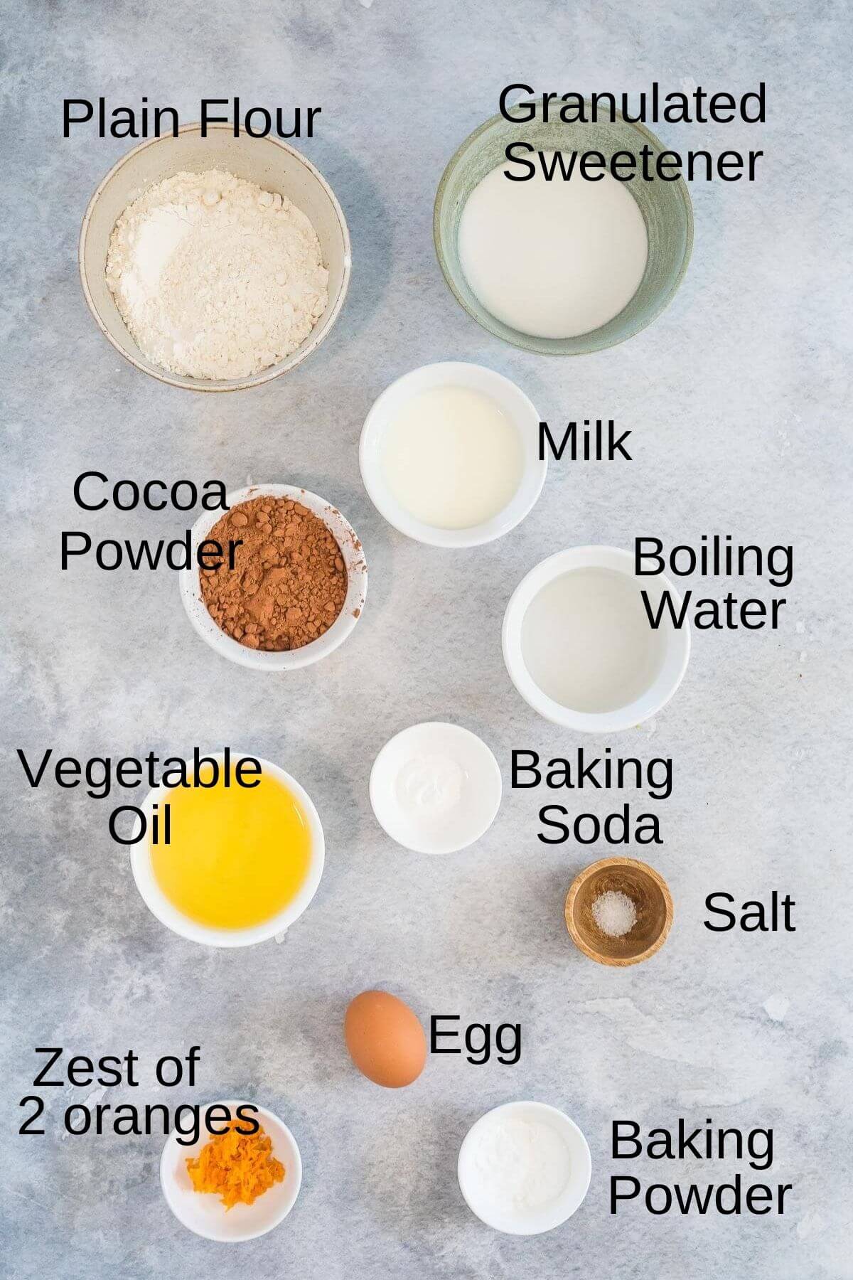 chocolate orange cake ingredients with labels