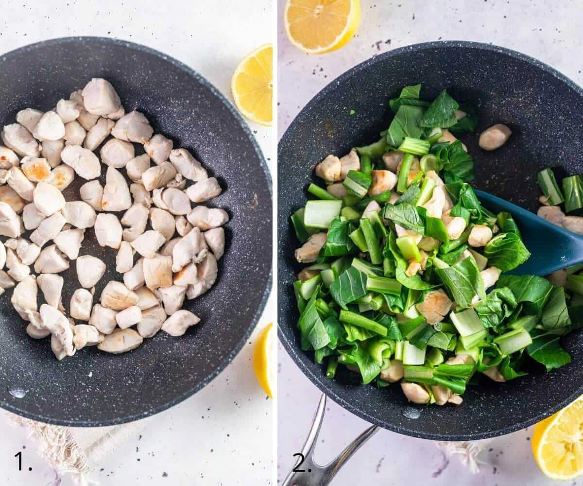 cooking chicken and asian greens in a skillet