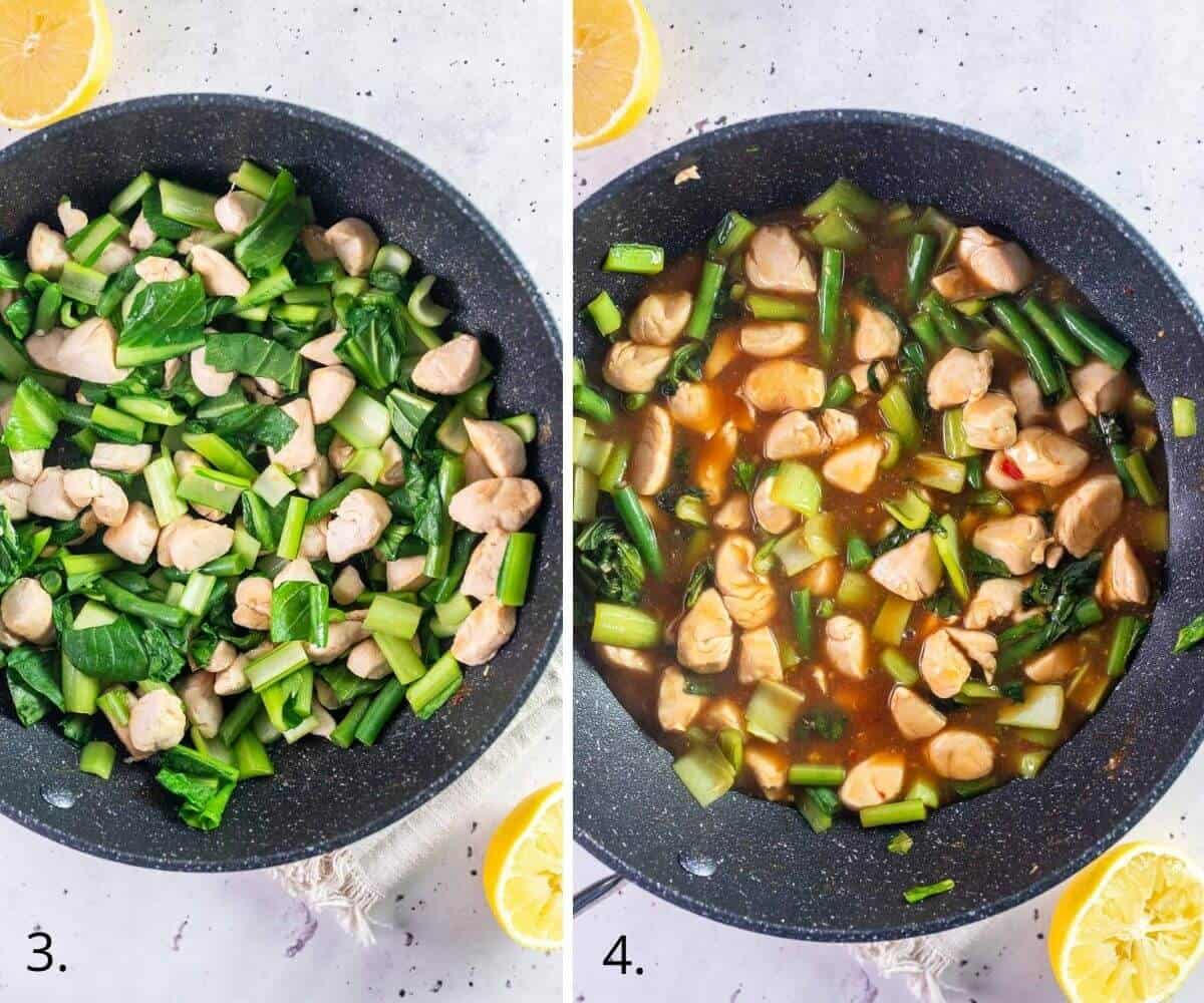 adding lemon sauce to chicken and vegetables in skillet