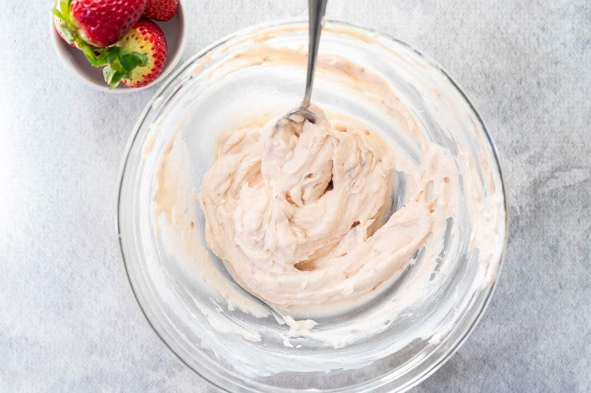 strawberry cheesecake filling in a bowl