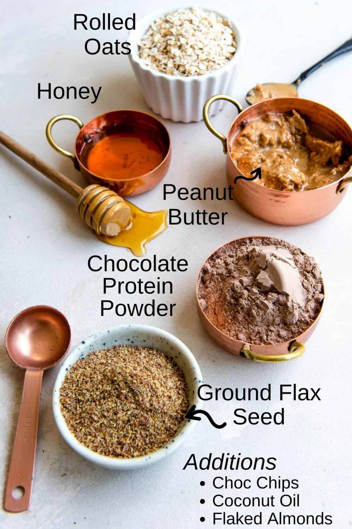 Ingredients to make no bake protein bars with oats